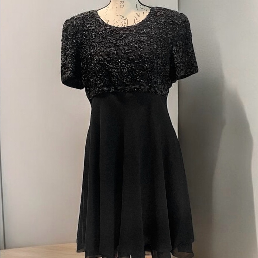 Vintage Lawrence Kazar beaded chiffon dress Women’s SZ 12, black. 50’s glam